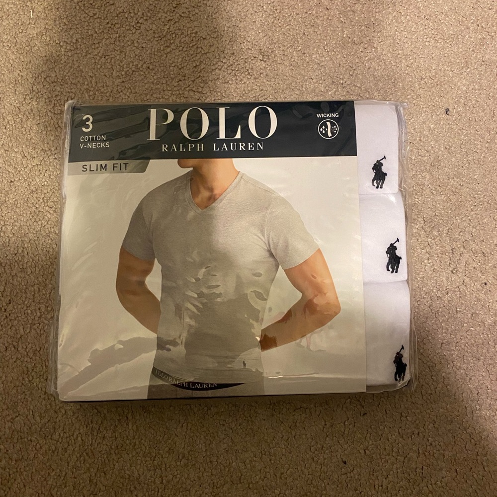 Polo Ralph Lauren Mens Slim Fit White Cotton V Neck 3 Pack T-Shirts Size Large